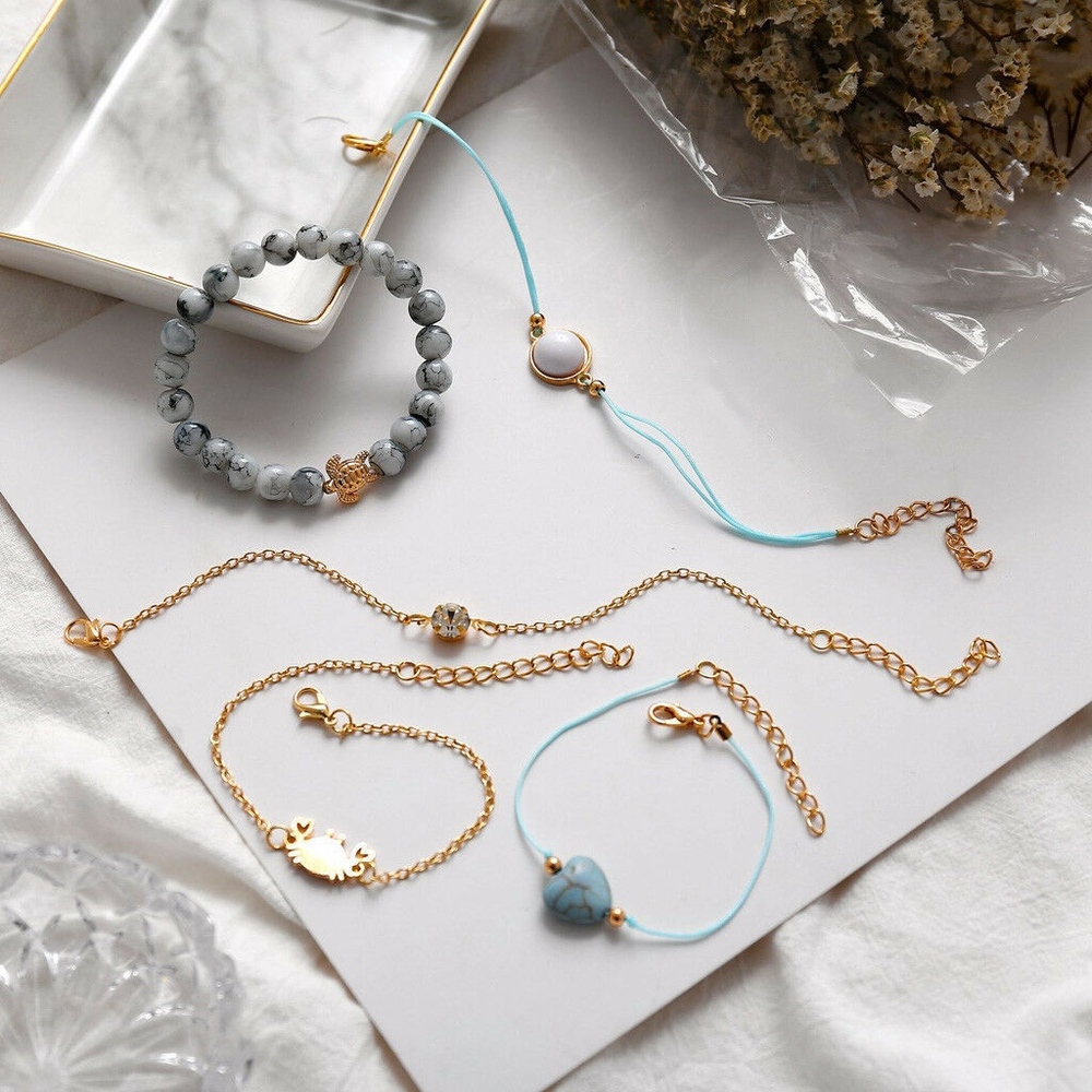 5-piece 'Sea Life' Marble Turquoise Bracelet Set - Picture 2 of 8